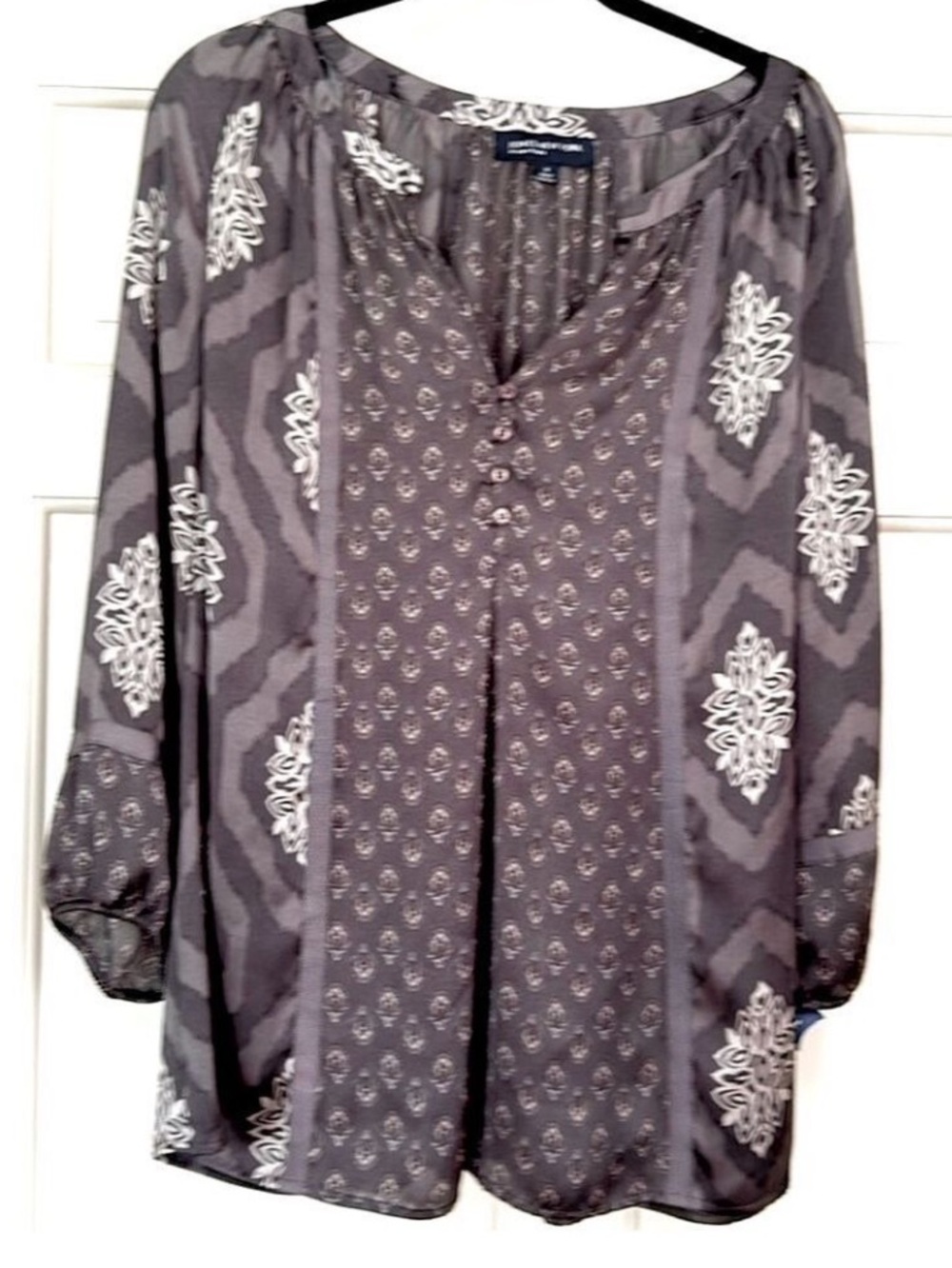Blouse Mixed Media Pattern Top Tunic Peasant 3/4 Sleeves Cool Gray Hue Medium - Picture 3 of 7